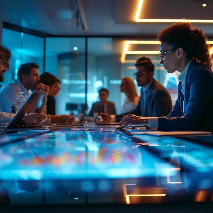 Conference room view of a collaborative business team meeting