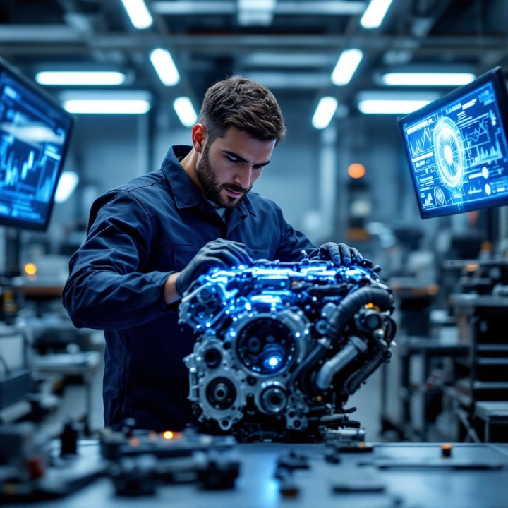 Solution R & D tax credit with engineer evaluating engine prototype