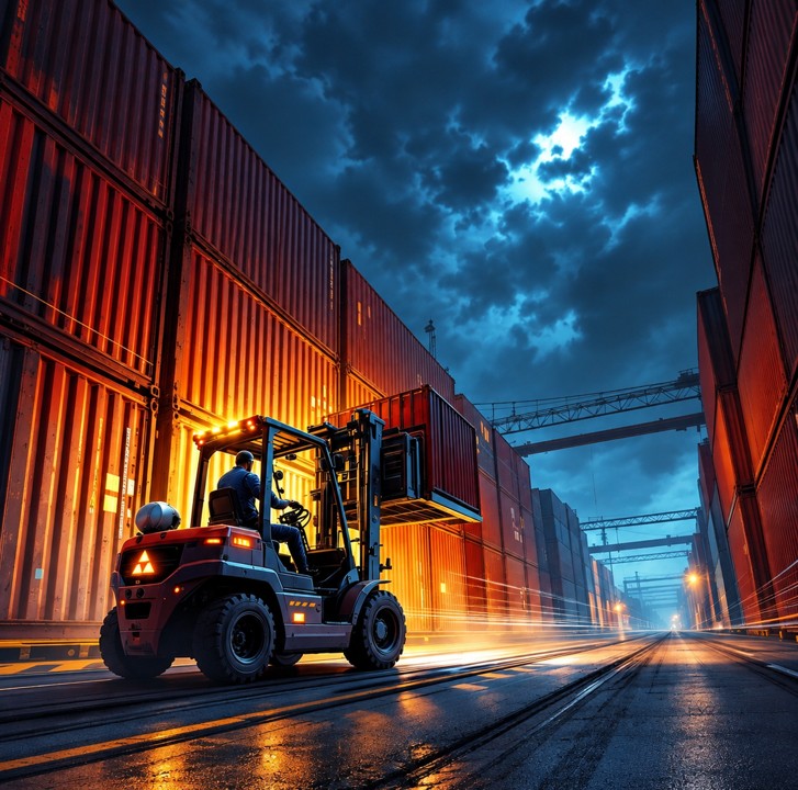  Tariffs solution for business operation showing forklift operation between two sets of container rows
