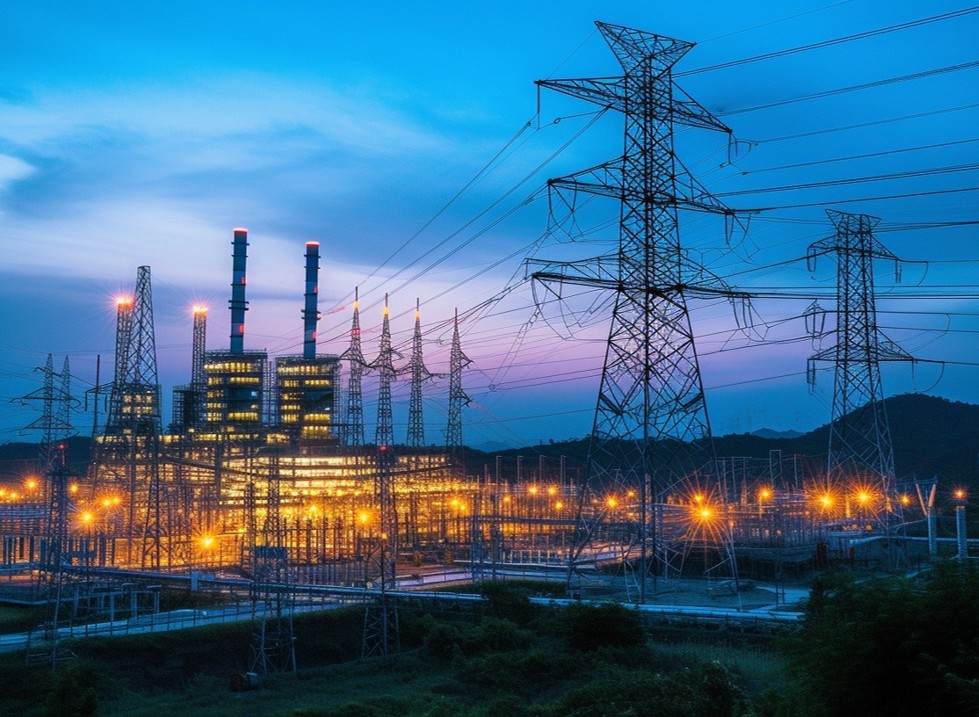 Utilities solution for business operation  showing power lines and a power plant